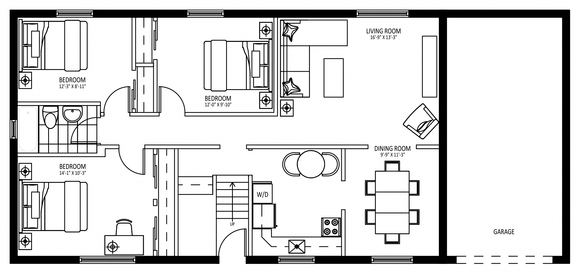 Floor plan for 3 beds, 1 bath